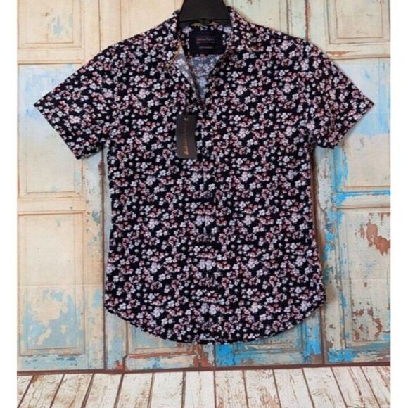 Gentlemen's Outfitters Mens Size Medium Navy Pink Short Sleeve Button-Up Shirt - Picture 2 of 10